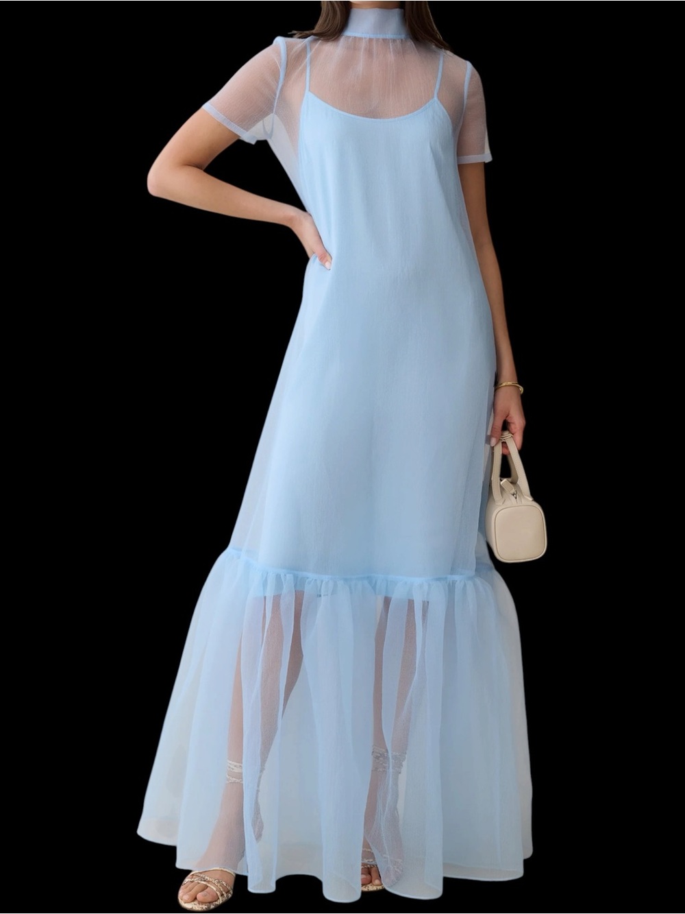 Few Moda Caara Melody Dress Light Blue Organza Sheer Ruffle Overlay NWT